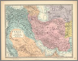 A map of West Asia in 1872, with "Iran or Persia", ruled by the Qajar dynasty, shaded in pink.