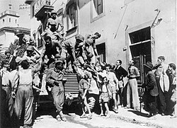 Brazilian troops arrive in the city of Massarosa, Italy, September 1944.
