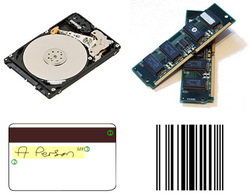 IBM inventions (clockwise from top-left): the hard-disk drive, DRAM, the UPC bar code, and the magnetic stripe card
