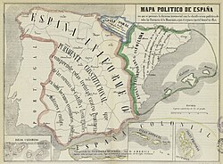 Political map of Spain (1850), divided into four parts: The Fully constitutional Spain (brown), most of the former Crown of Castile; Assimilated Spain (green), the former Crown of Aragon, including the Catalan-speaking lands; Foral Spain (blue), the Basque-speaking territories; and Colonial Spain (yellow)