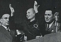 Eva Perón addresses the Peronists on 1 May 1952. By this point, she had become too weak to stand without Juan Perón's aid.