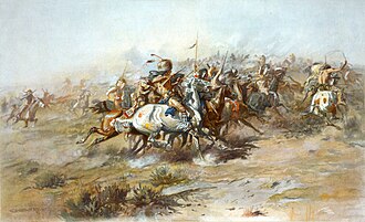 A lithograph of Charles Marion Russell's The Custer Fight (1903), with the range of tones fading toward the edges.