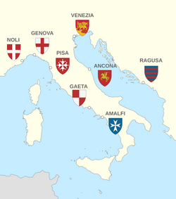 A map with the locations and coats of arms of the maritime republics of medieval Italy: Amalfi, Genoa, Pisa, and Venice, Noli, Ancona, Ragusa, Gaeta.
