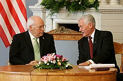 President Adamkus meeting with Vice President of the United States Dick Cheney in Lithuania. The meeting took place during the Vilnius Conference 2006: Common Visions for Common Neighborhoods.