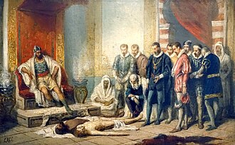 The corpse of King Sebastian of Portugal being presented before Sultan Ahmad al-Mansur after the Battle of Alcácer Quibir, which marked the end of Portugal's ruling Aviz dynasty