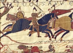 The Bayeux Tapestry depicts the Norman Conquest of 1066.