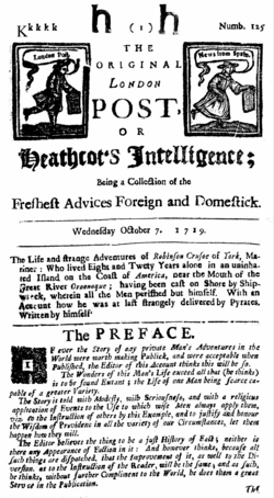 1719 newspaper reprint of Robinson Crusoe
