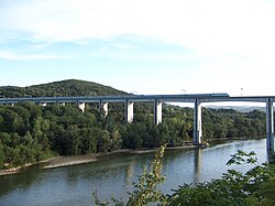 An ETR 500 train running on the Florence–Rome high-speed line near Arezzo in Italy, the first high-speed railway opened in Europe.[50]