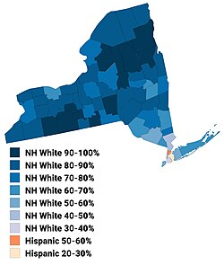 Map of counties in New York (State) by racial and ethnic plurality, per the 2020 U.S. census
