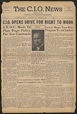 Front page of the first issue of The C.I.O. News featuring New York City Councilman-elect Mike Quill, published December 7, 1937