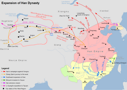 A map showing the southward expansion of the Han dynasty during the 2nd century BC