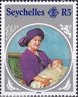 A 1985 Seychellois stamp depicting Harry with his great-grandmother Queen Elizabeth the Queen Mother at his christening