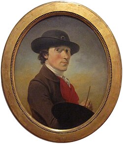 Self portrait (c. 1770) of Peter Falconet (1741–1791). One of the earliest depicted prototypes of what became the top hat. In early prototypes, a sash around the crown was closed by a buckle. This was later dropped, in the same way as shoe buckles for male pumps were replaced by bow ties around the turn of the 19th century.