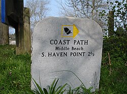 South West Coast Path, stone sign near Studland