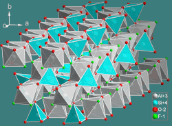 Topaz's crystal structure using polyhedrons showcasing the aluminum octahedron (grey), silica tetrahedron (blue), oxygen (red), and fluorine (green).