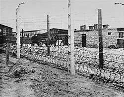Fence at Flossenbürg. Expensive security measures distinguished the concentration camps from other Nazi detention facilities.[50]