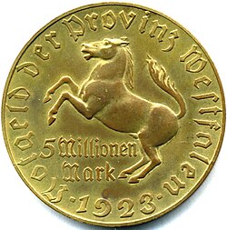 Five million mark coin (Weimar Republic, 1923). Despite its high denomination, this coin's monetary value dropped to a tiny fraction of a US cent by the end of 1923, substantially less than the value of its metallic content.