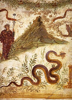 Fresco with Mount Vesuvius behind Bacchus and Agathodaemon, as seen in Pompeii's House of the Centenary