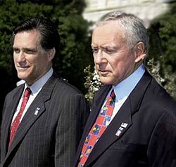 Romney with Orrin Hatch at a press conference on Olympic security in October 2001