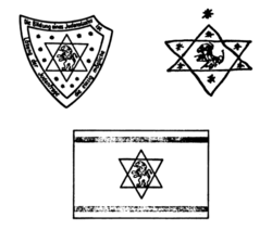 Max Bodenheimer's (top left) and Herzl's (top right) 1897 drafts of the Zionist flag, compared to the final version used at the 1897 First Zionist Congress (bottom)