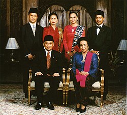 Formal family portrait of former Indonesian's President B.J. Habibie. Women wear kain batik and kebaya with selendang (sash), while men wear jas and dasi (western suit with tie) with peci cap.
