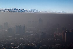 Picture taken during a temperature inversion, showing smog trapped over Almaty