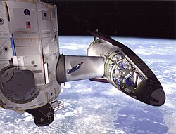 Artist's rendering of a docked X-38 being ingressed by a crew member through a docking mechanism.