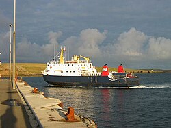 MV Earl Thorfinn arrives at Westray. Orkney Ferries operate a fleet of inter-island ferries.[231]