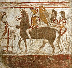 A mounted Lucanian warrior, fresco from a tomb of Paestum, Italy, c. 360 BC