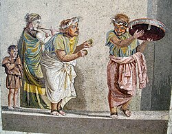 Trio of musicians playing an aulos, cymbala, and tympanum (mosaic from Pompeii)