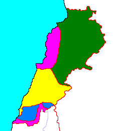 The power balance in Lebanon, 1983:Green – controlled by Syria;Purple – controlled Maronite groups,Yellow – controlled by Israel,Blue – controlled by the United Nations