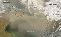 Satellite image of a dust storm over the Yellow sea on 2 March 2008[8]