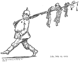 Cartoon by Alanson Burton Walker (1878–1947), published in Life (July 29, 1915), depicting a German soldier carrying the impaled bodies of Belgian civilians on his bayonet – man, woman holding a newborn, and two children – as a commentary on reports of German atrocities during World War I.[32]