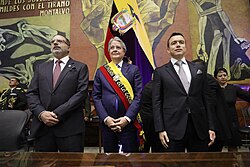 Outgoing President Guillermo Lasso (center) with President-elect Daniel Noboa (right) at the latter's inauguration in November 2023