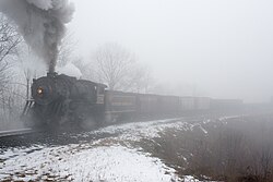 Light radiation fog over 1916-built steam locomotive No. 734 on the Western Maryland Scenic Railroad, in winter conditions