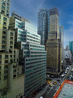 Many tall buildings have setbacks on their facade due to the 1916 Zoning Resolution, exemplified at Park Avenue and 57th Street in Midtown Manhattan.