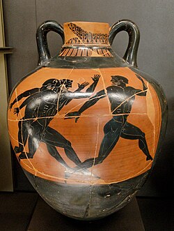 The foot race was one of the events dedicated to Zeus. Panathenaic amphora, Kleophrades painter, c. 500 BC, Louvre museum.
