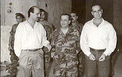 Samir Geagea (Chairman of the Lebanese Forces), Michel Aoun (Prime Minister of the military cabinet) and Georges Adwan (Vice Chairman of the Lebanese Forces) meet in Baabda Palace. 10 November 1989