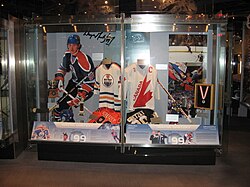 An exhibit at the Hockey Hall of Fame featuring Wayne Gretzky. Gretzky was the last of ten players that saw the Hall's waiting period for inductees waived.