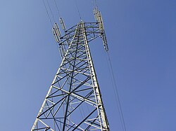 A steel pylon suspending overhead power lines