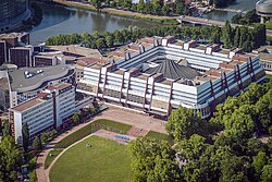 Aerial shot of the Palace of Europe in Strasbourg