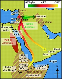 Map of Semitic languages and statistically inferred dispersals. One hypothesized location of the divergence of ancestral Semitic from Afroasiatic between the African coast of the Red Sea and the Near East is also indicated.