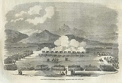 Wood-engraving of the execution of mutineers at Peshawar