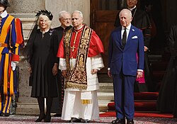 Leo with King Charles III and Queen Camilla during the King's visit to the Vatican, October 2025
