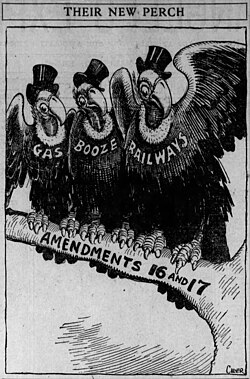 Comic depicting the single-member-district plan (amendment 17) in LA as the "perch" of the gas, alcohol, and railway industries[37]