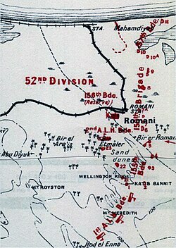 Romani defences at nightfall 3 August 1916: deployments of the 52nd (Lowland) Division's infantry brigades in a line of redoubts 1 to 11 and 21 to 23, with the 1st and 2nd Light Horse Brigades extending the line of defence towards Hod el Enna