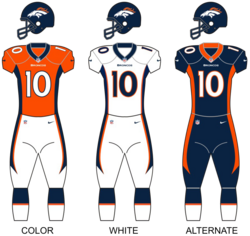 Denver Broncos uniforms featuring a third navy blue and orange jersey, worn since 1997