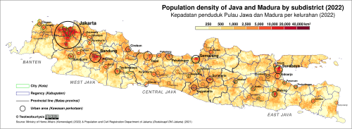 Population density of Java and Madura by subdistrict as of 2022, with major urban areas shown