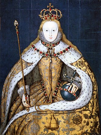 Elizabeth I wearing the crown and holding the sceptre and orb at the end of her coronation.