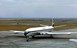 D.H. Comet, the world's first commercial jet airliner, entered service in 1949.
